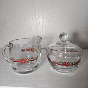 Anchor Hocking Poinsettia and Ribbons Two Piece Holiday Sugar And Creamer Set